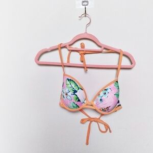 aerie Brooke Pink and Orange Tropical Print Push Up Halter Bikini Top Size 34D